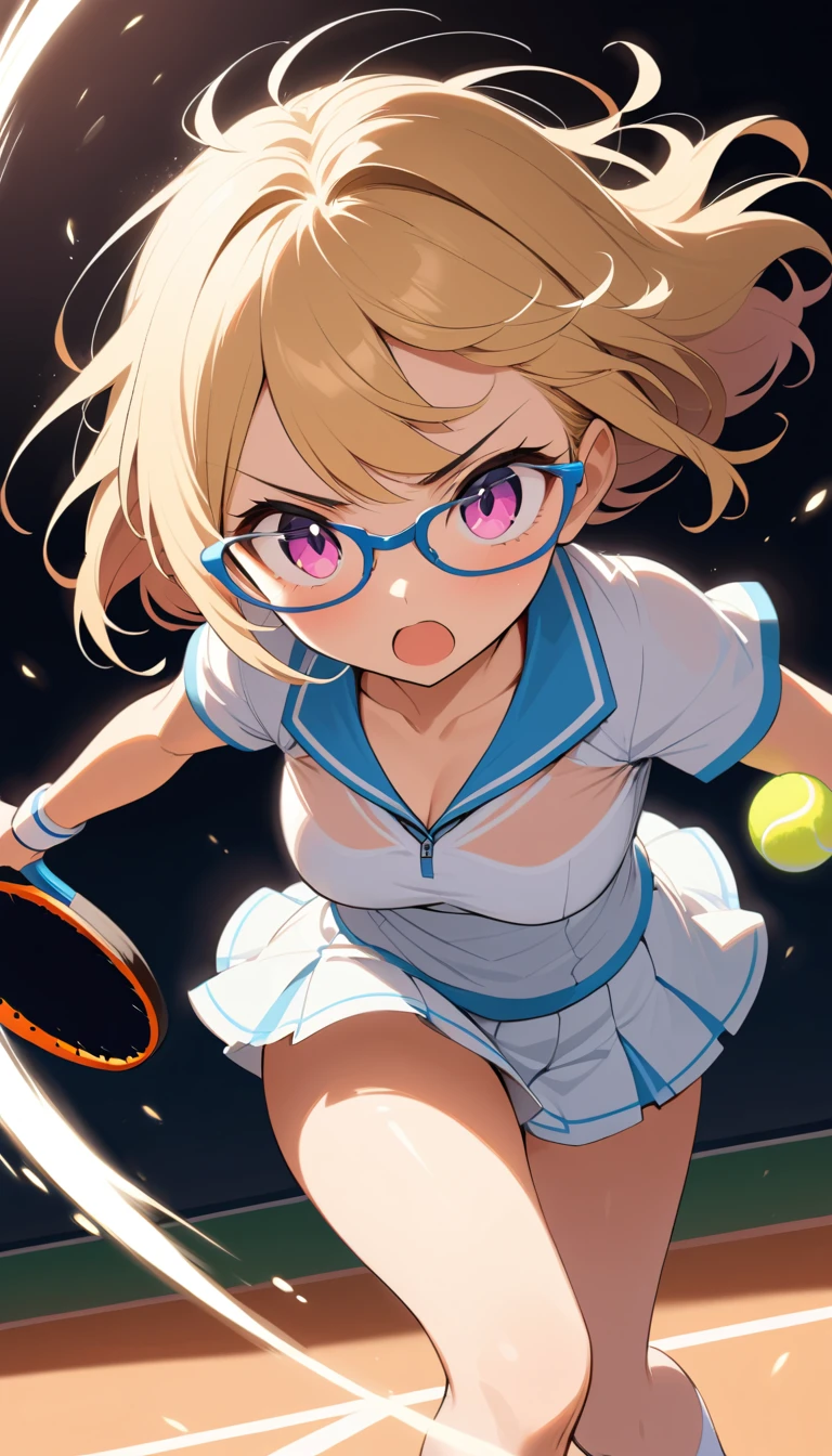 Anime tennis girl swinging racket in dynamic high angle shot