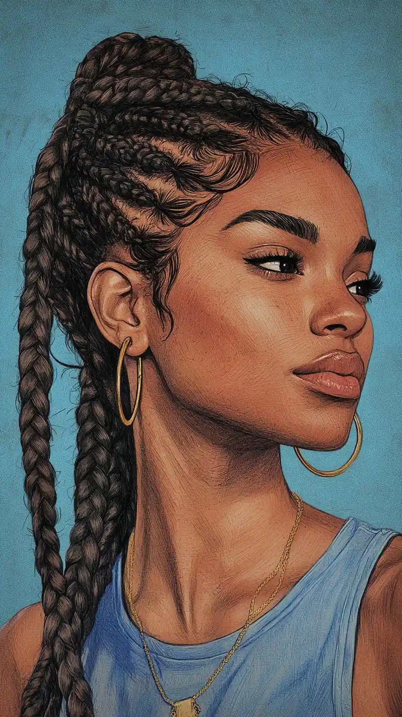 Colored pencil portrait of a young Black woman with braids