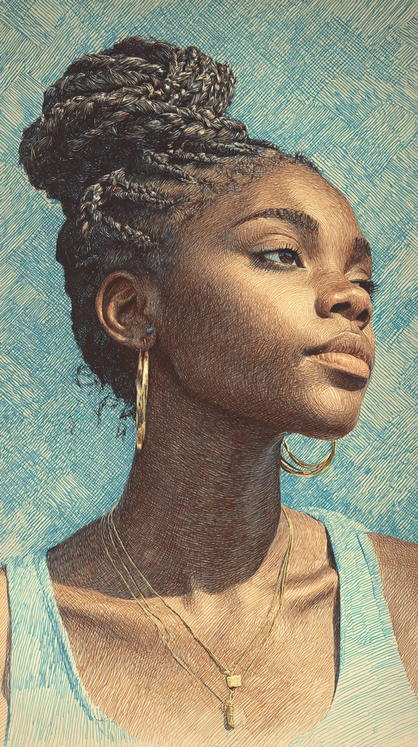 Colored pencil portrait of a young Black woman in braids