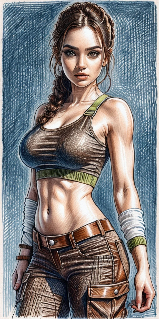 Athletic girl pencil portrait with intense brown gaze