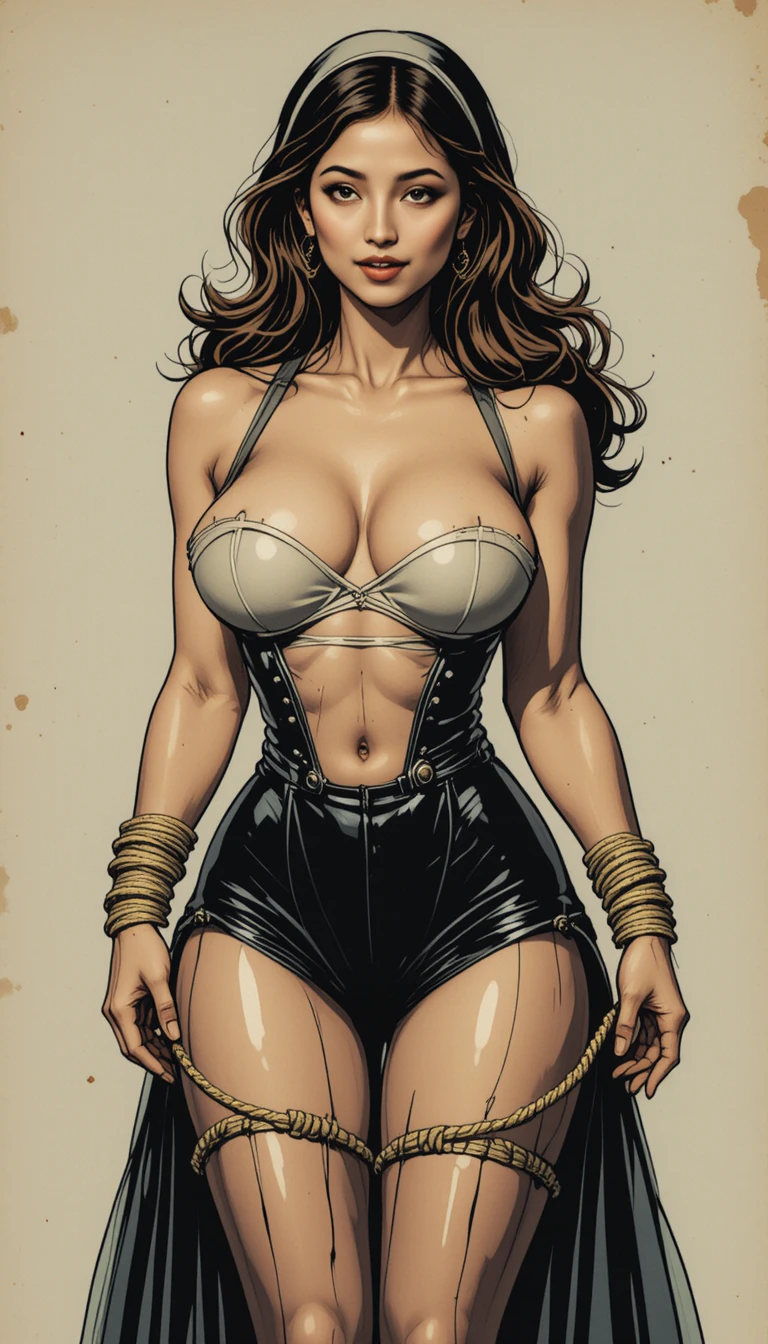 Primer plano en estilo cómic de una mujer voluptuosa atada