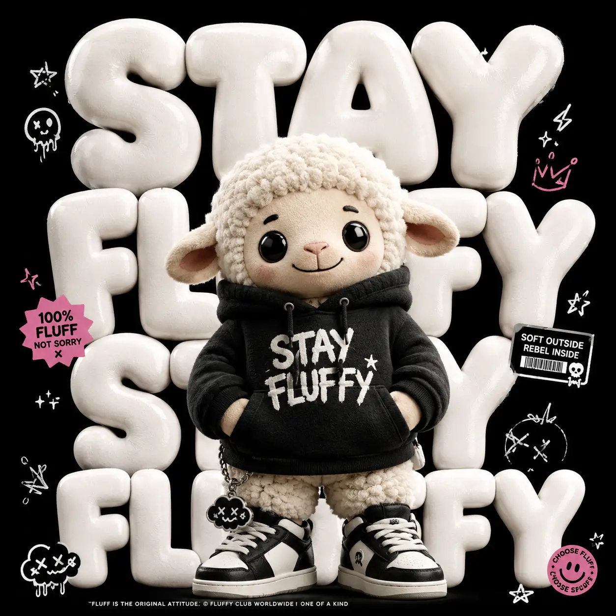 Oveja de peluche adorable con suéter negro y texto 3D en negrita