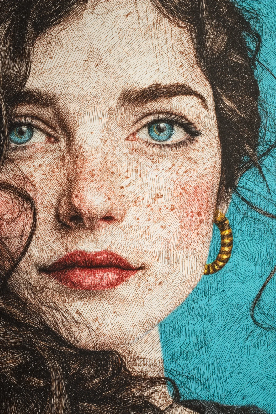 Retrato realista a lápiz de color de una mujer joven con pecas