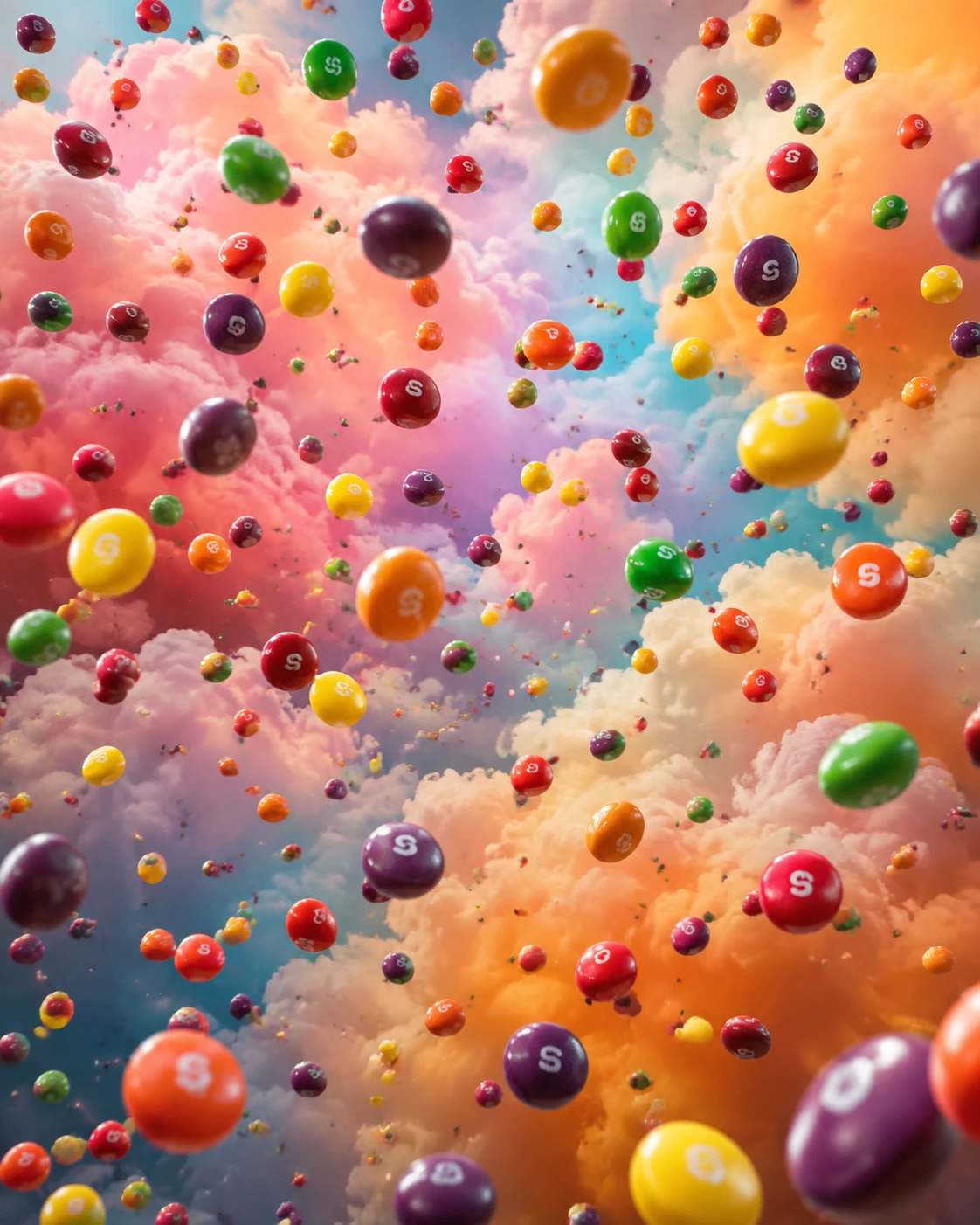 Skittles de colores lloviendo sobre un suave fondo de nubes en tonos pastel