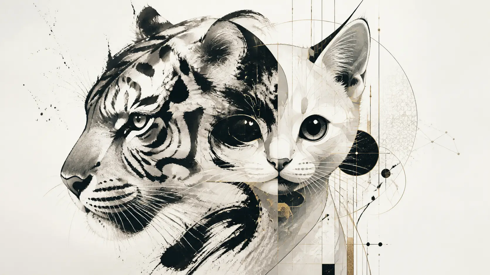 Tigre y gatito paradójicos que comparten una forma abstracta cambiante