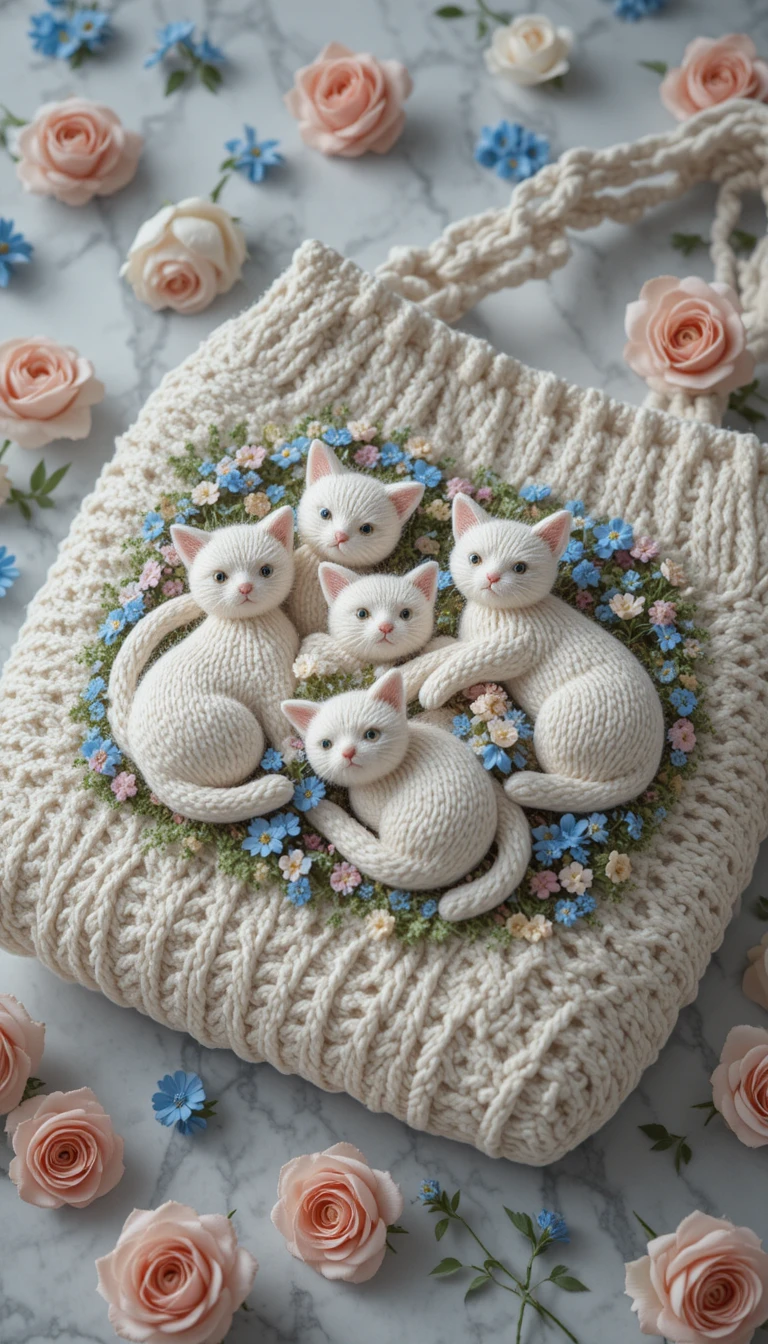 Bolso tejido blanco con gatos juguetones sobre mesa de mármol