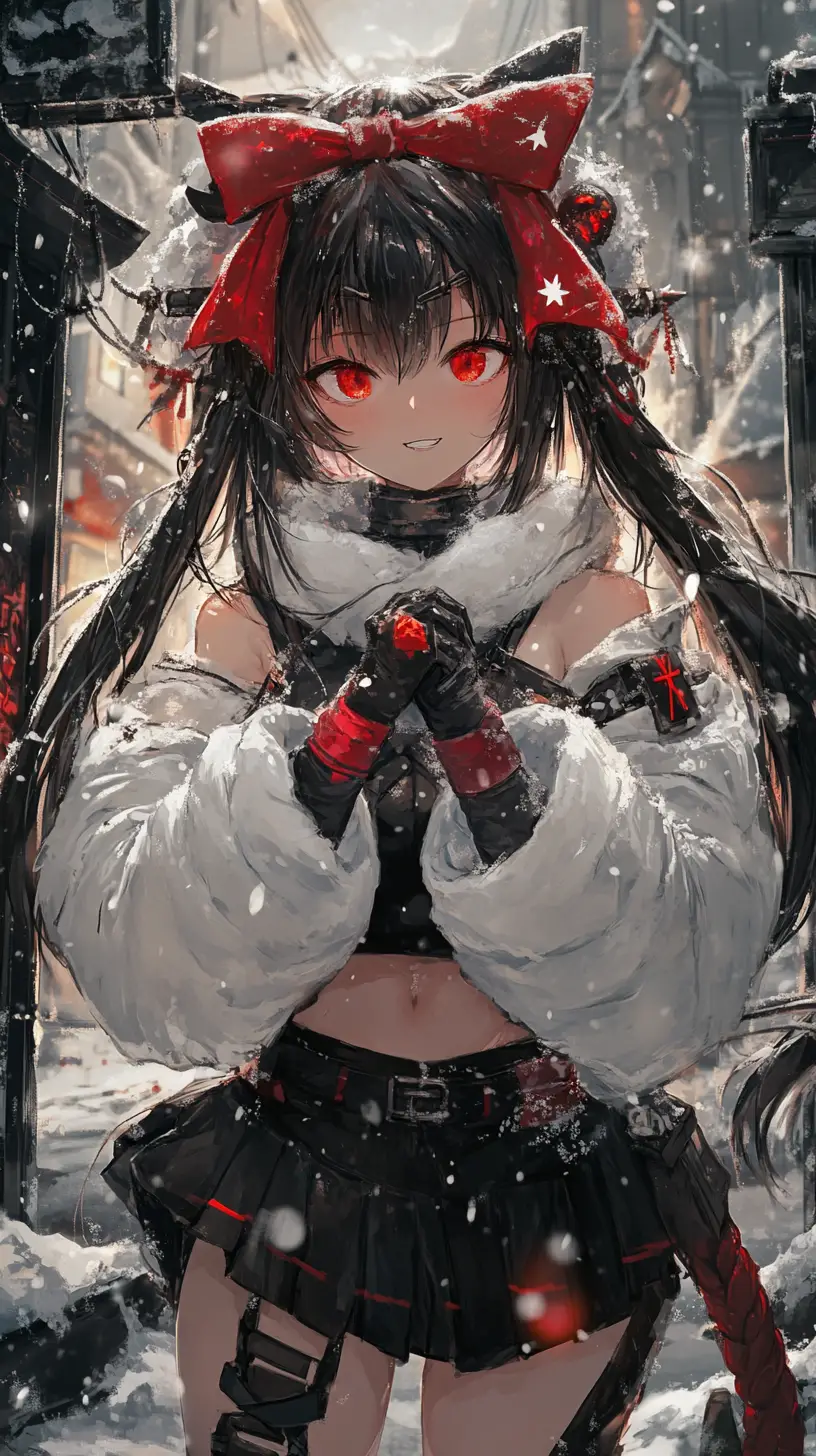 Chica anime con lazo rojo y cadenas en atuendo oscuro