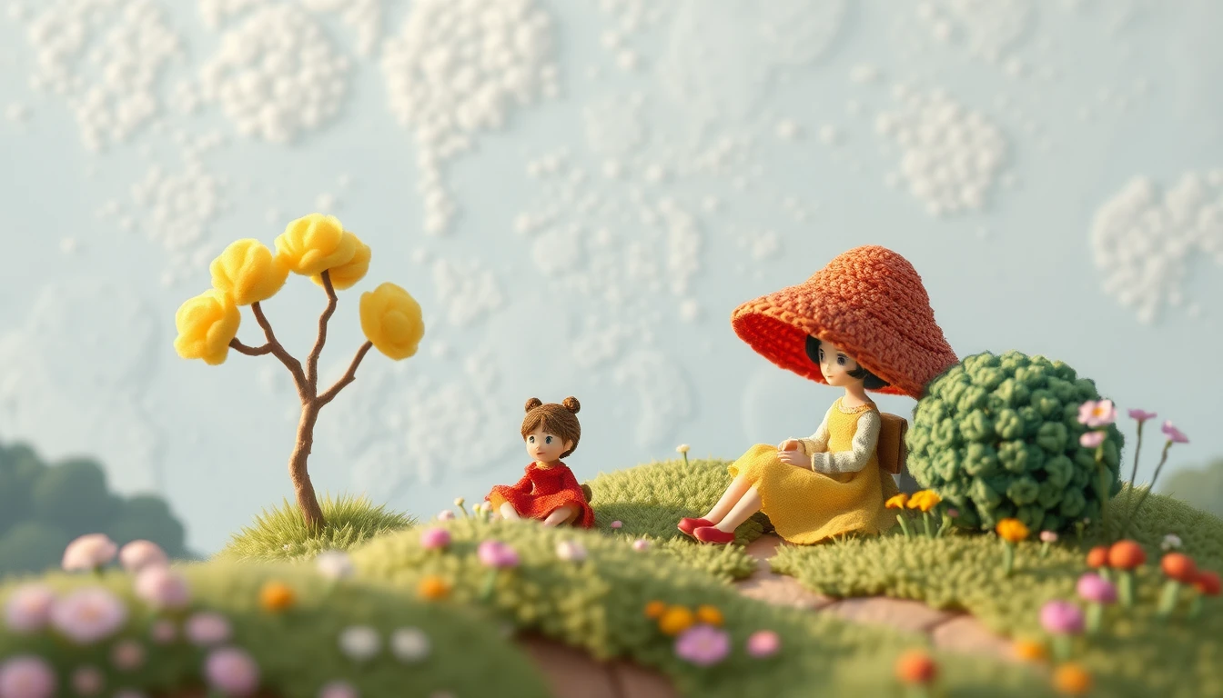 Paisaje impresionista en miniatura con personajes suaves y amigables