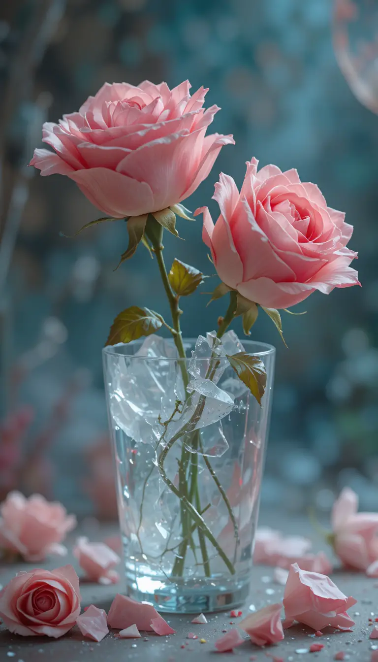 Ilustración digital vívida de rosas de goma y cristal roto