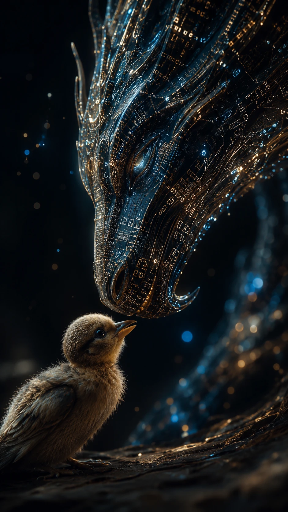 Dragón y pajarito compartiendo un momento tierno e íntimo