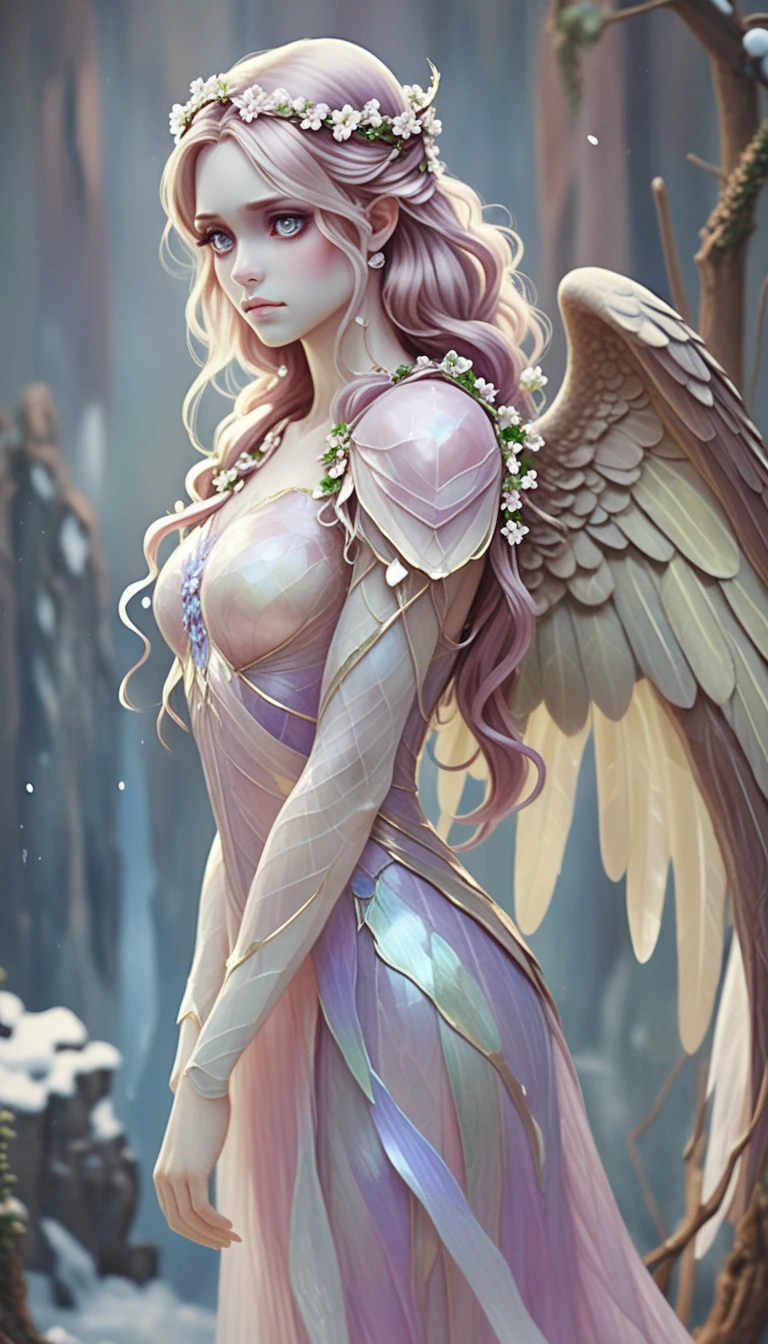 Sorrowful Angel With Broken Icy Wings In Snowy Expanse
