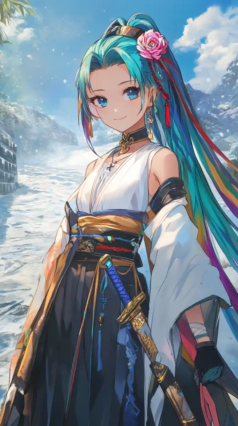 Chica de anime en un templo japonés en la ladera con puerta de piedra