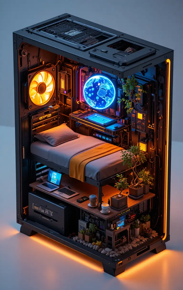Cozy bedroom diorama inside a modern desktop computer case