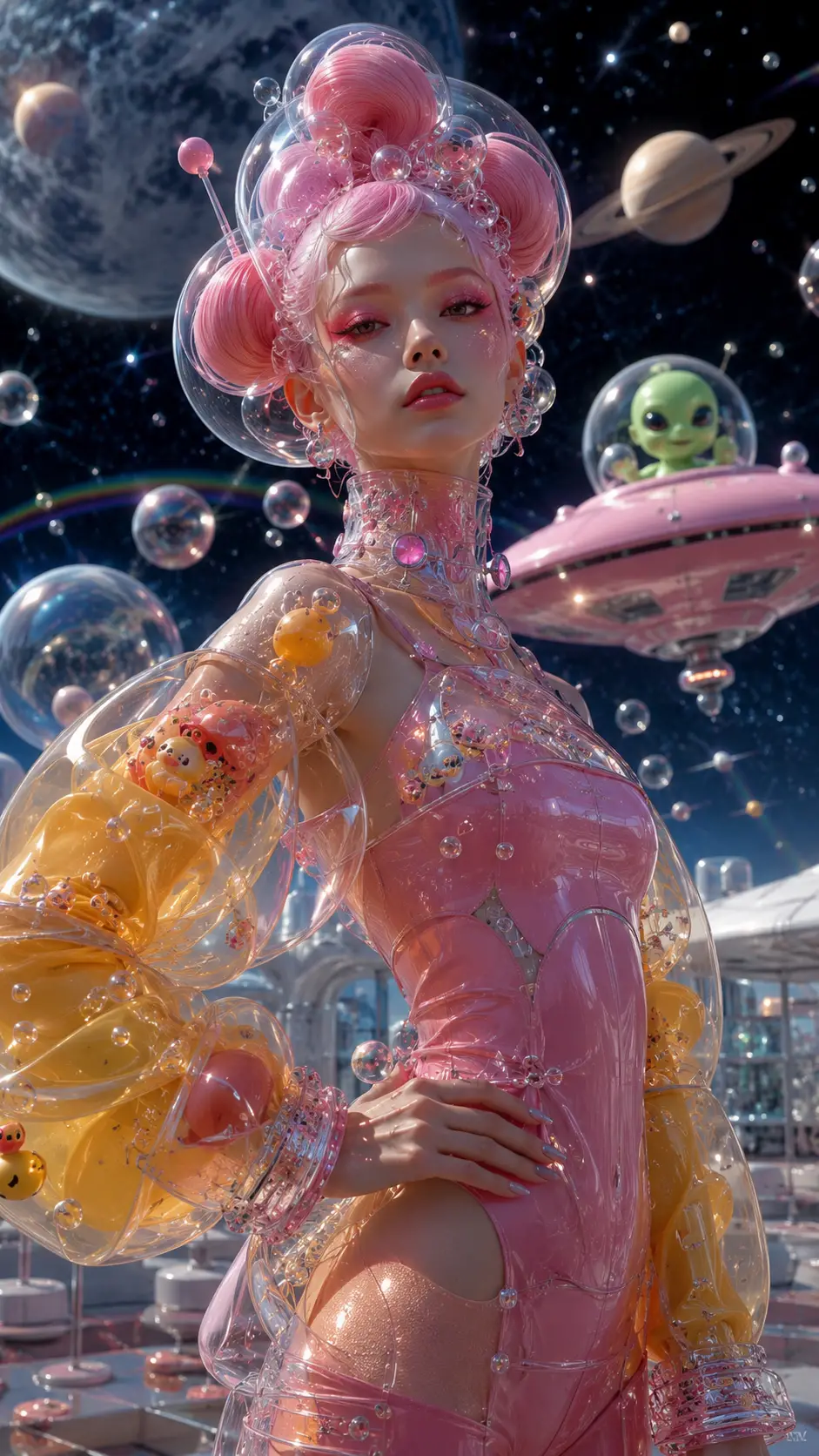 Mujer de moda futurista en una burbuja transparente en el espacio