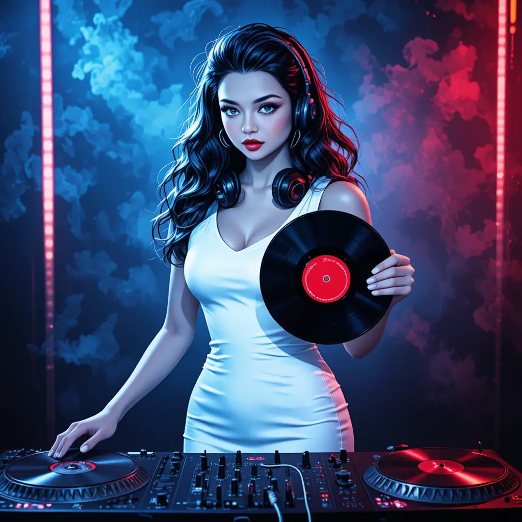 DJ mujer segura de sí misma con vinilo detrás de una consola de estudio