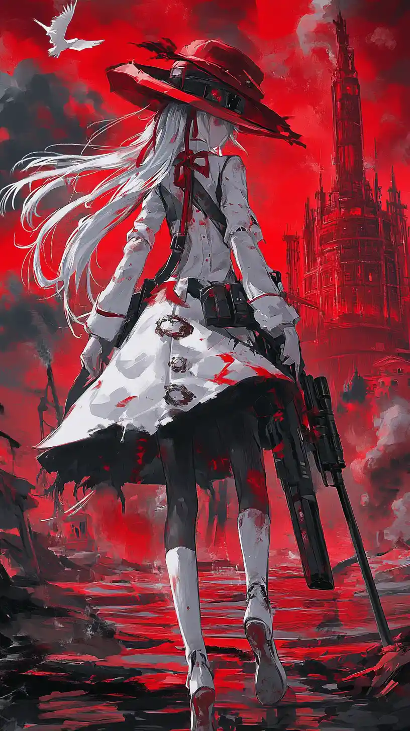 Ragazza anime che cammina verso un vasto tempio circolare di pietra
