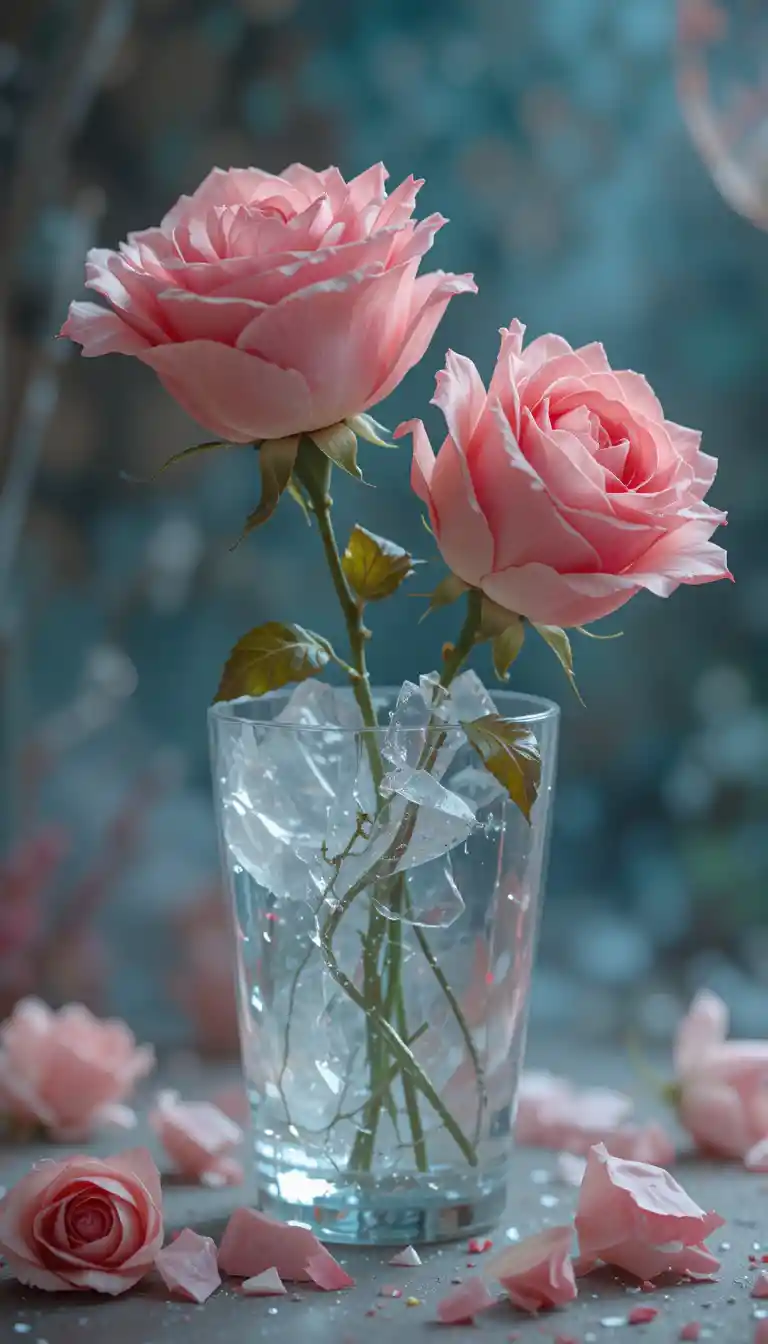 Ilustración digital vívida de rosas de goma y cristal roto