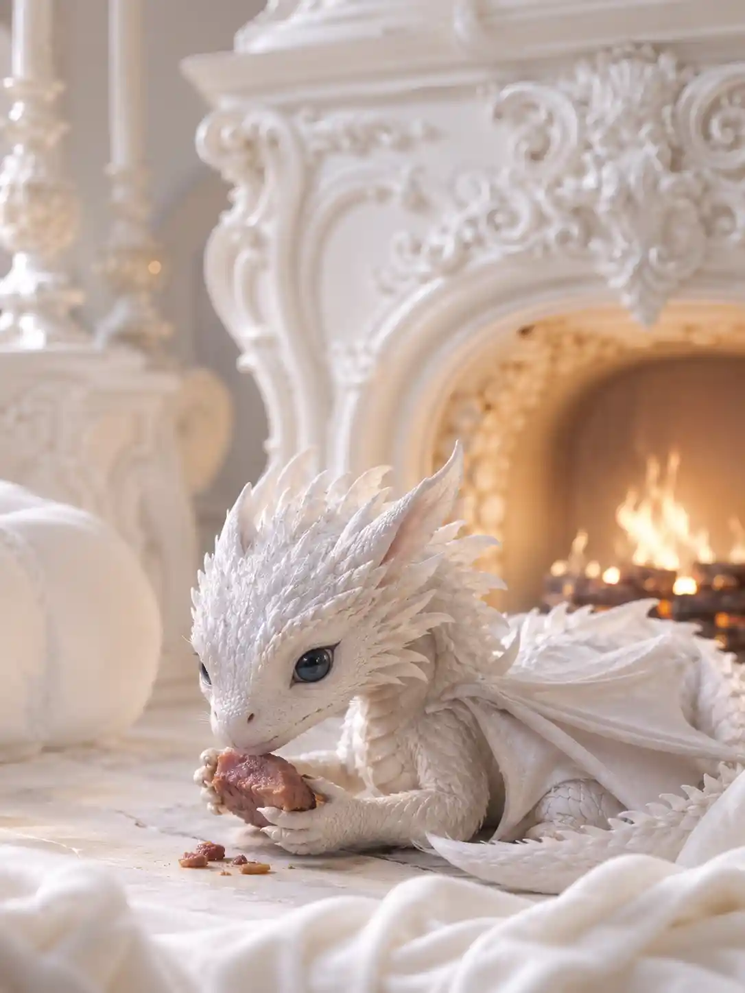 Dragón blanco comiendo carne junto a una acogedora chimenea interior