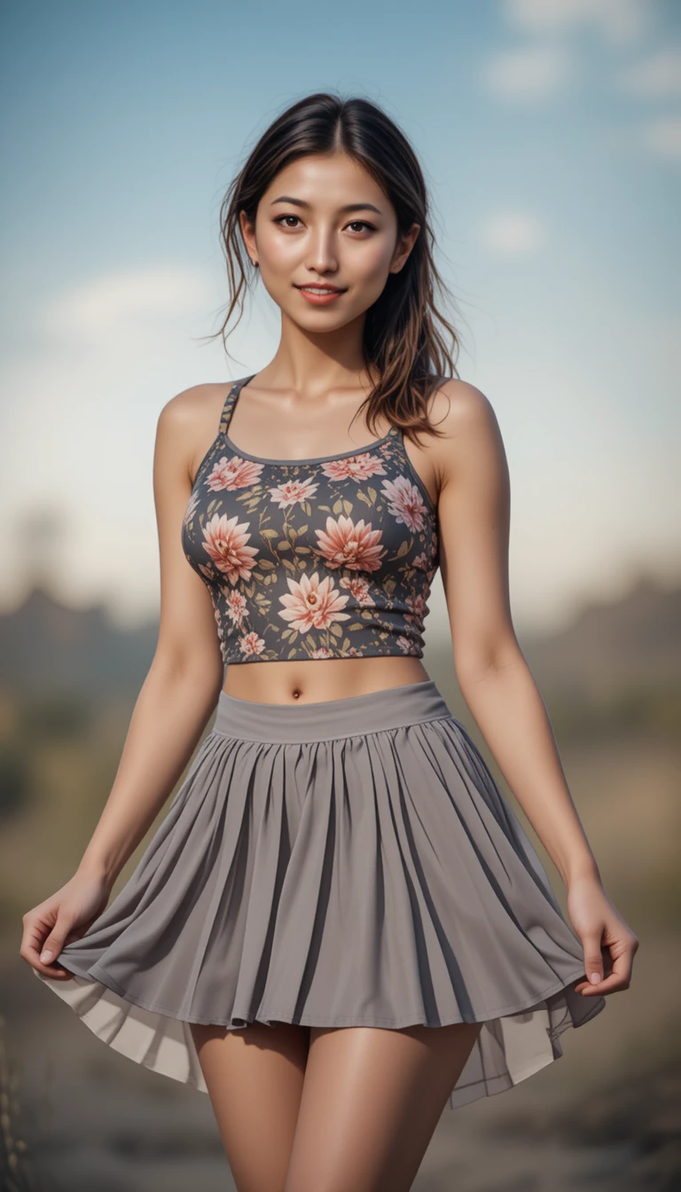 明るい空を背景にしたミニスカートの自信あふれる若い女性