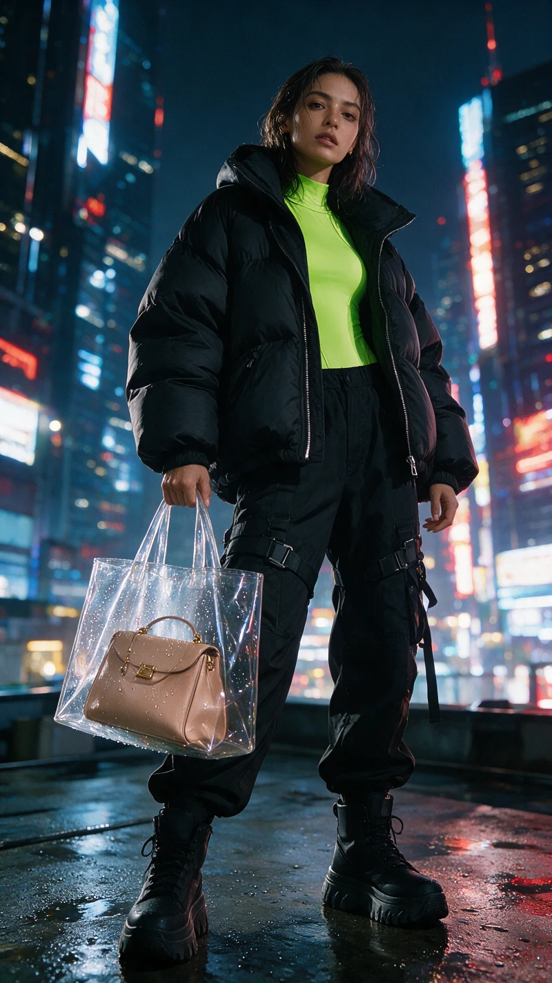 Mujer segura en azotea urbana lluviosa con moda techwear