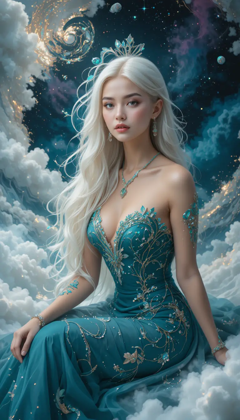 Elegante mujer morena con vestido largo sobre nubes de palacio surrealistas