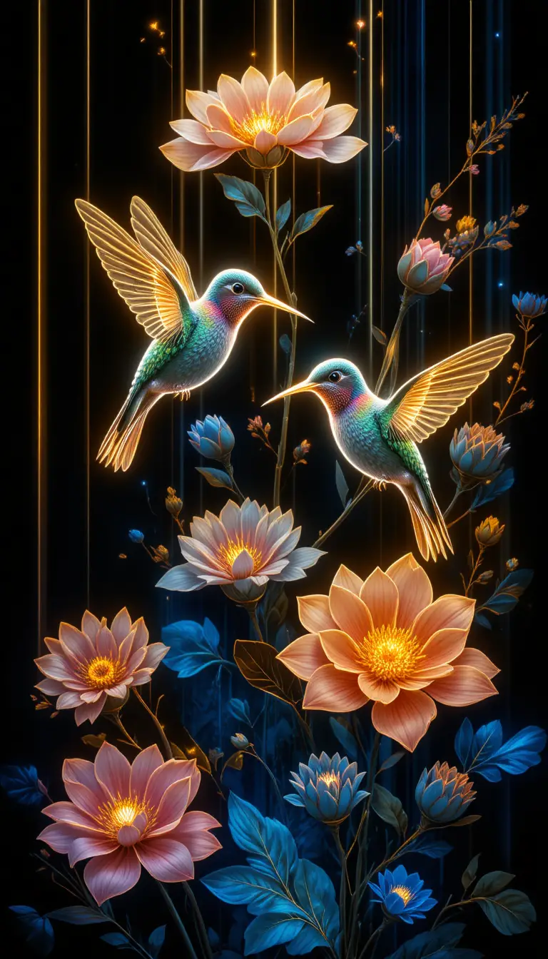 Flores de neón brillantes con colibríes sobre fondo negro