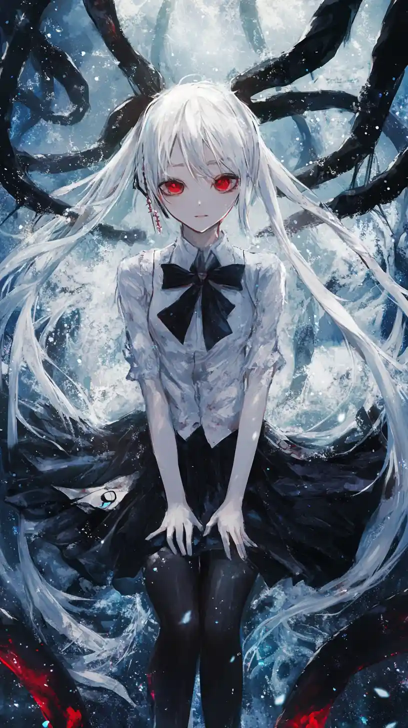 Anime girl with ghostly smile in greasy tattered outfit