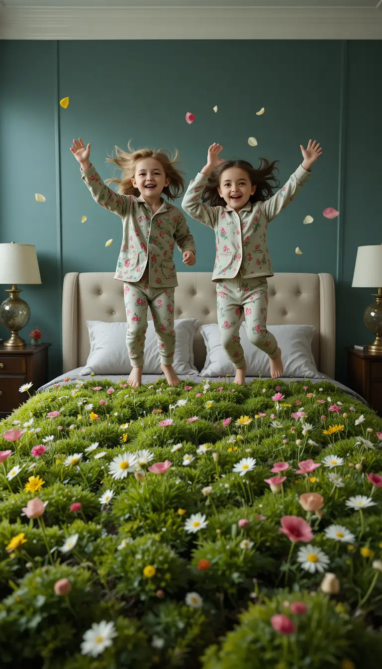 Niños saltando sobre una cama cubierta de pasto y flores en casa