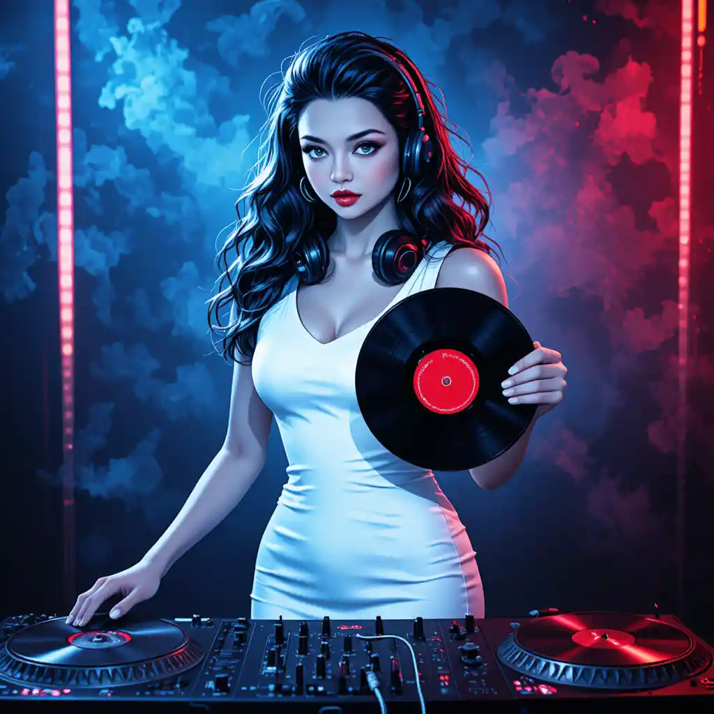 DJ mujer segura de sí misma con vinilo detrás de una consola de estudio
