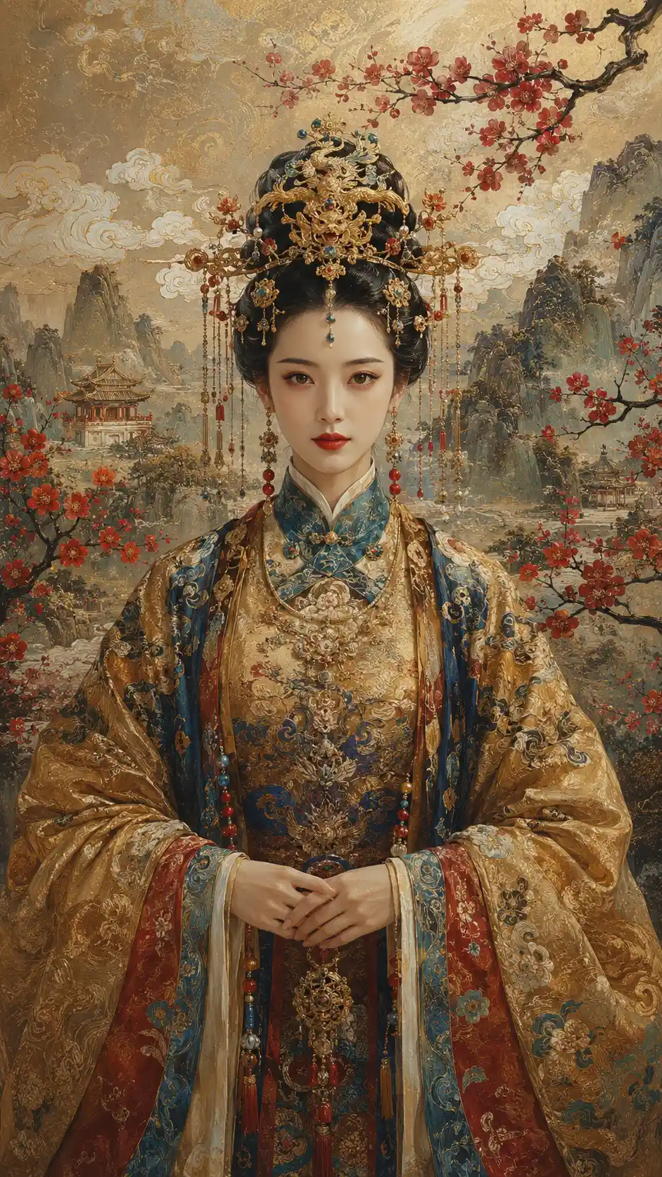 Emperatriz serena de la dinastía Ming en detallada pintura de tinta fantástica