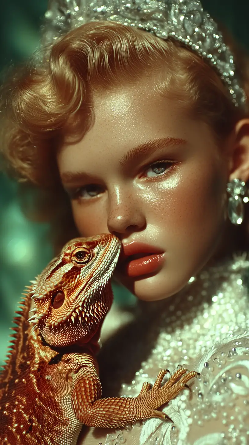 Mujer pelirroja con corona sosteniendo un lagarto cerca de los labios