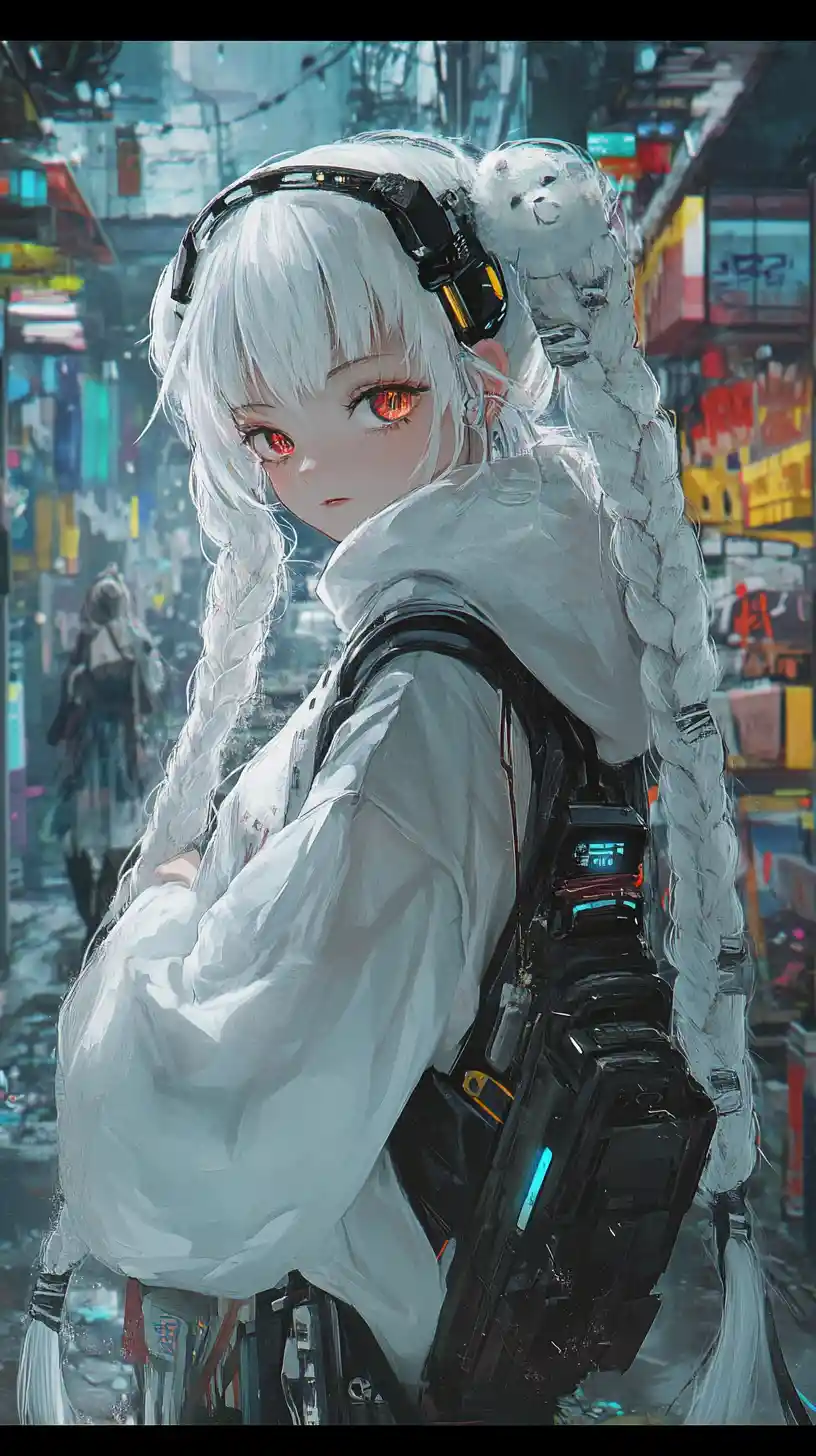 Chica de anime de pelo blanco con mascarilla en un puerto industrial