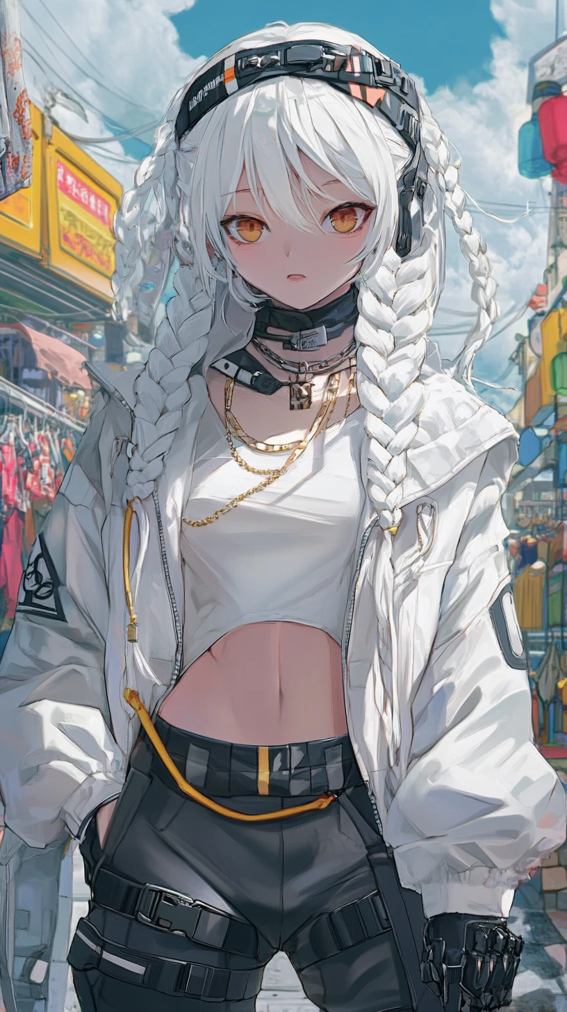 Chica de anime de pelo blanco con máscara en un puerto marítimo ocupado