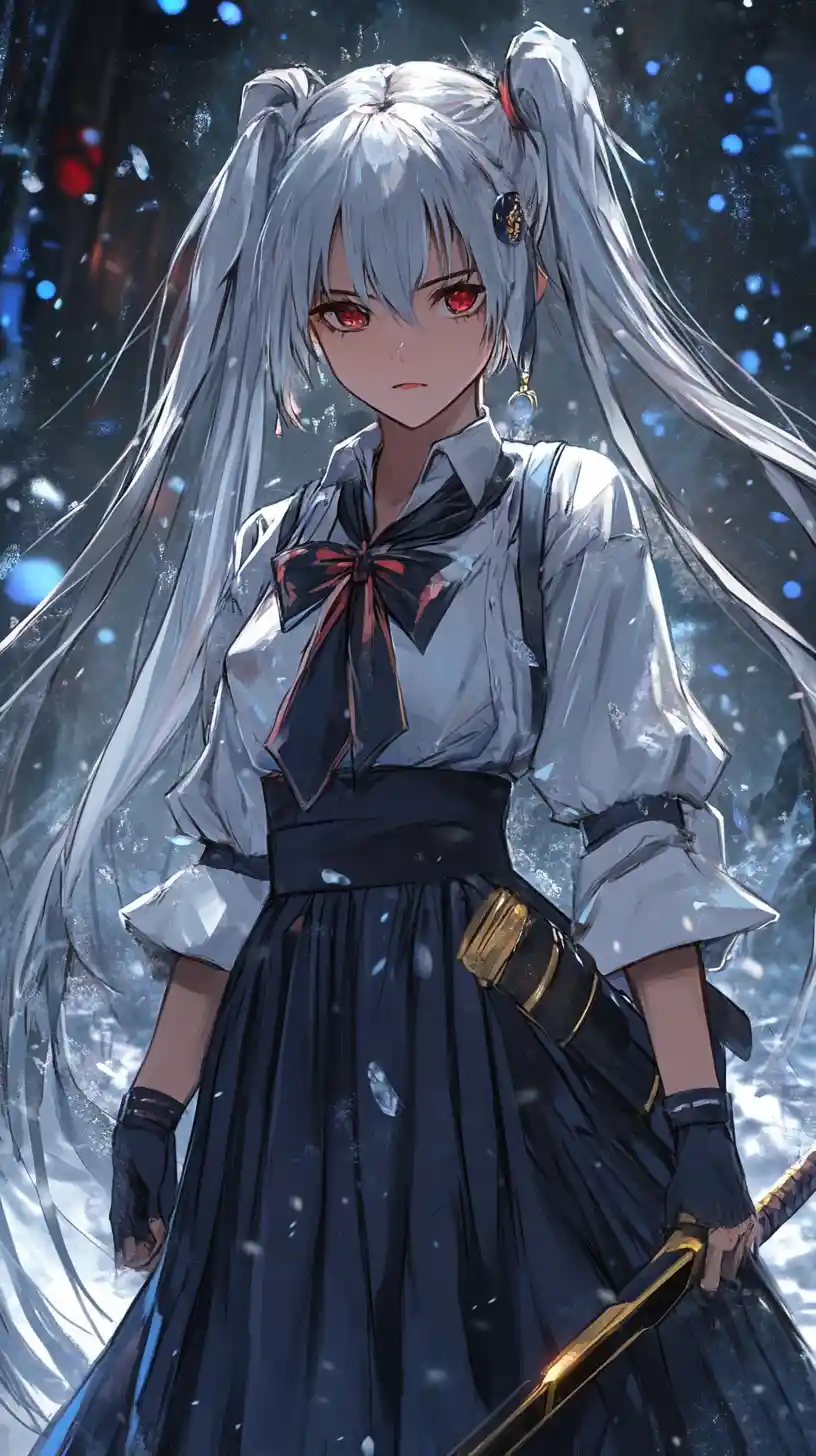Ragazza anime con treccia bianca e sorriso spettrale