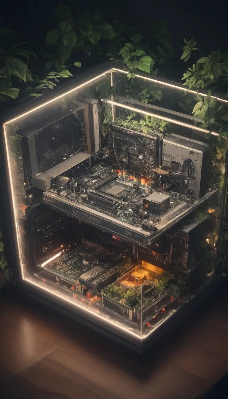 Isometric 3D computer case with tiny bedroom interior