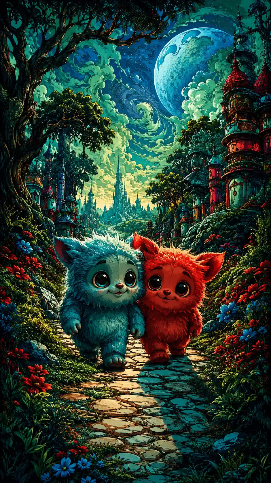 Dos adorables criaturas esponjosas caminando por un sendero del bosque
