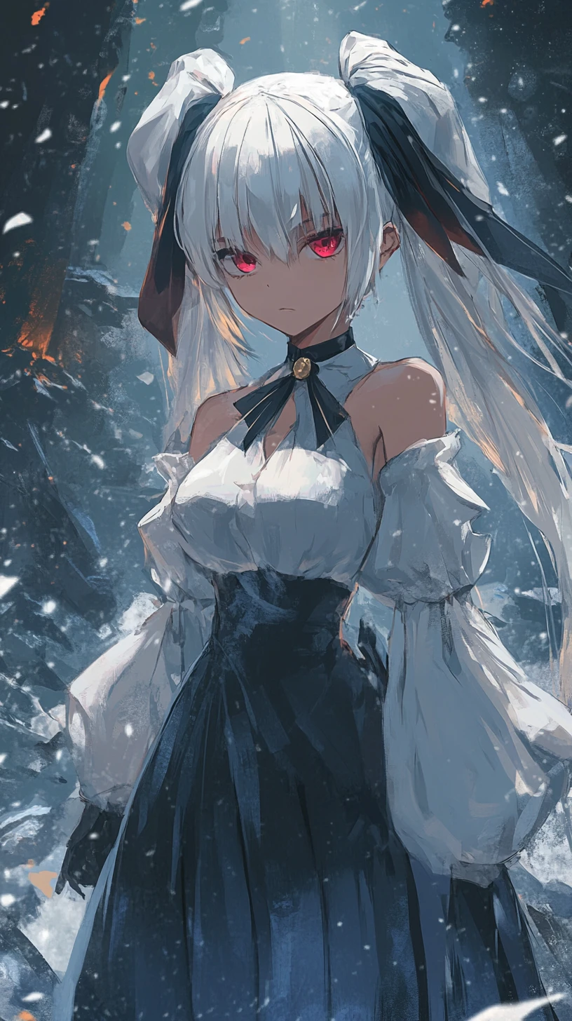 Anime girl with white braids in stained blue skirt