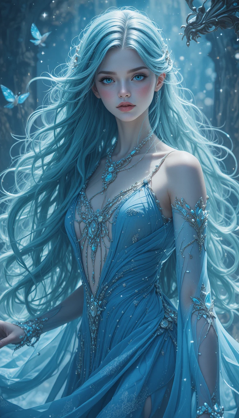 Elegante sirena de anime con vestido azul océano fluido