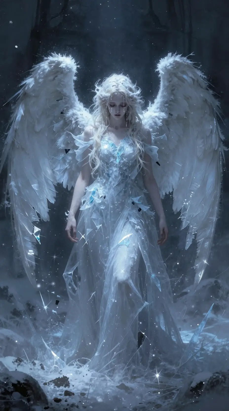Ángel de Hielo Apenado en un Campo de Nieve Desolado