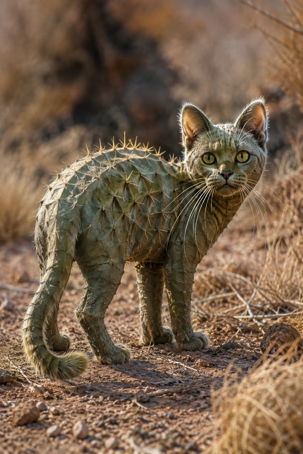 Gato fantástico curioso con piel de cactus en un desierto seco