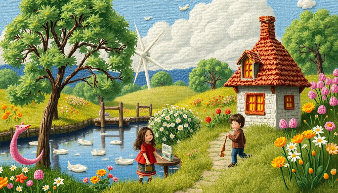 Miniature landscape with friendly characters in soft impressionist style