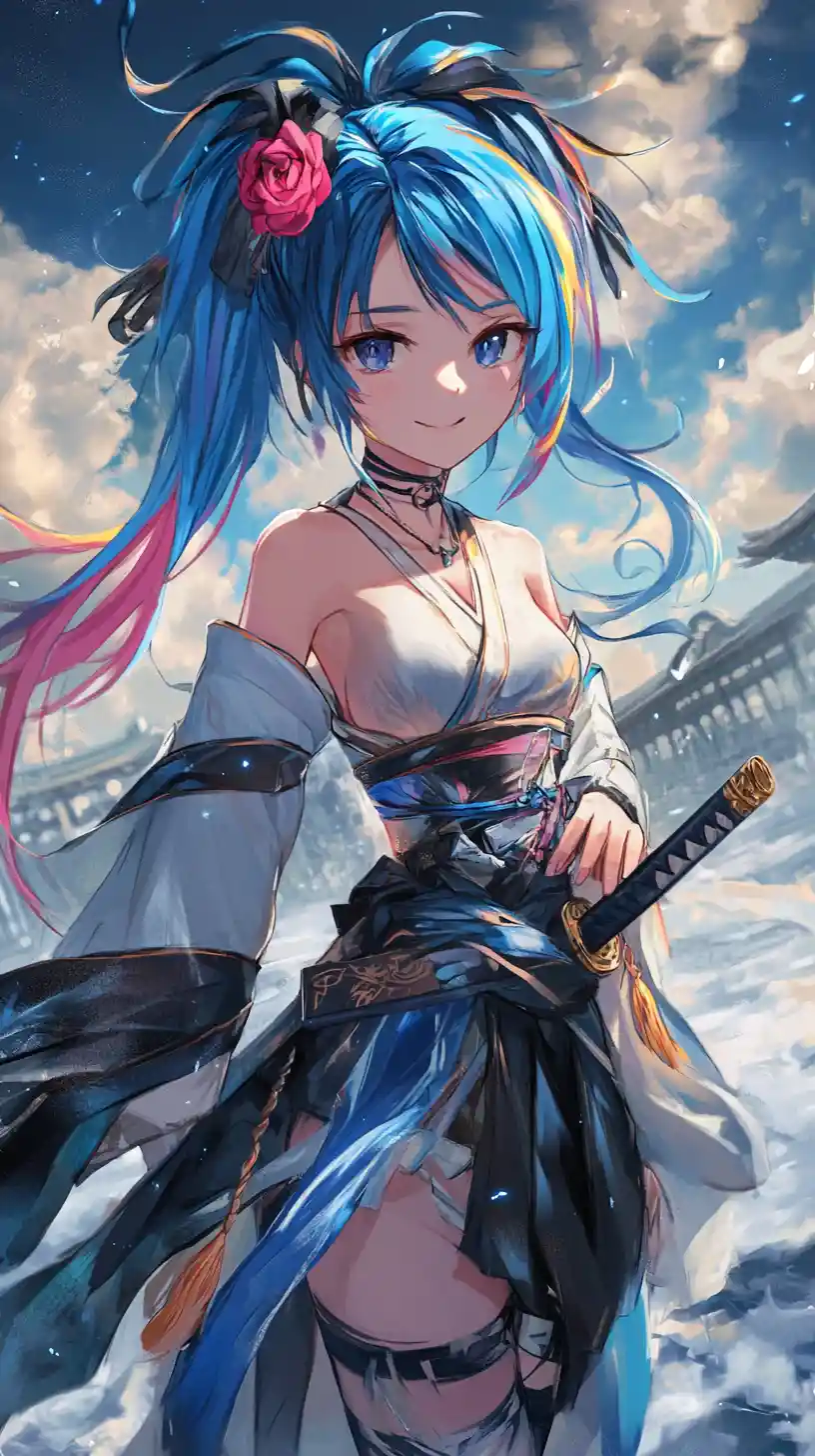 夕焼けのビーチを幸せそうに歩くアニメ少女