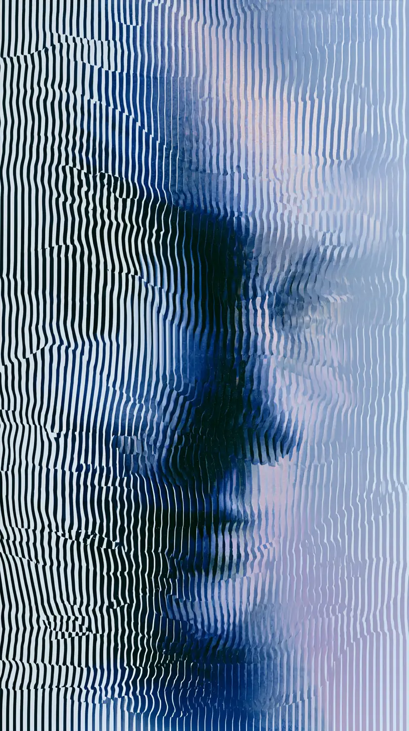 Retrato abstracto op art de un rostro que emerge de las olas