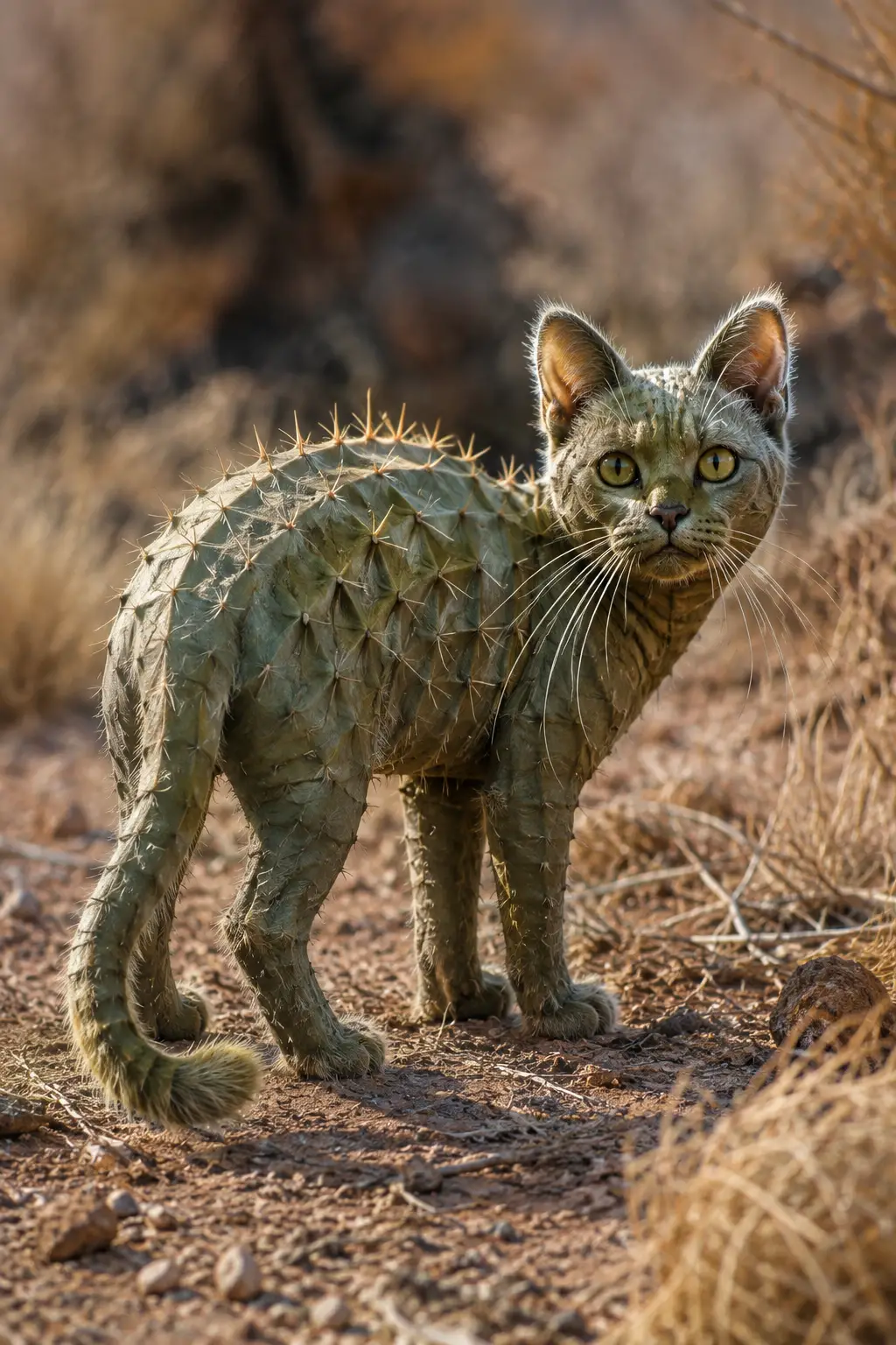 Curioso gatto fantasy con pelle di cactus in un deserto arido
