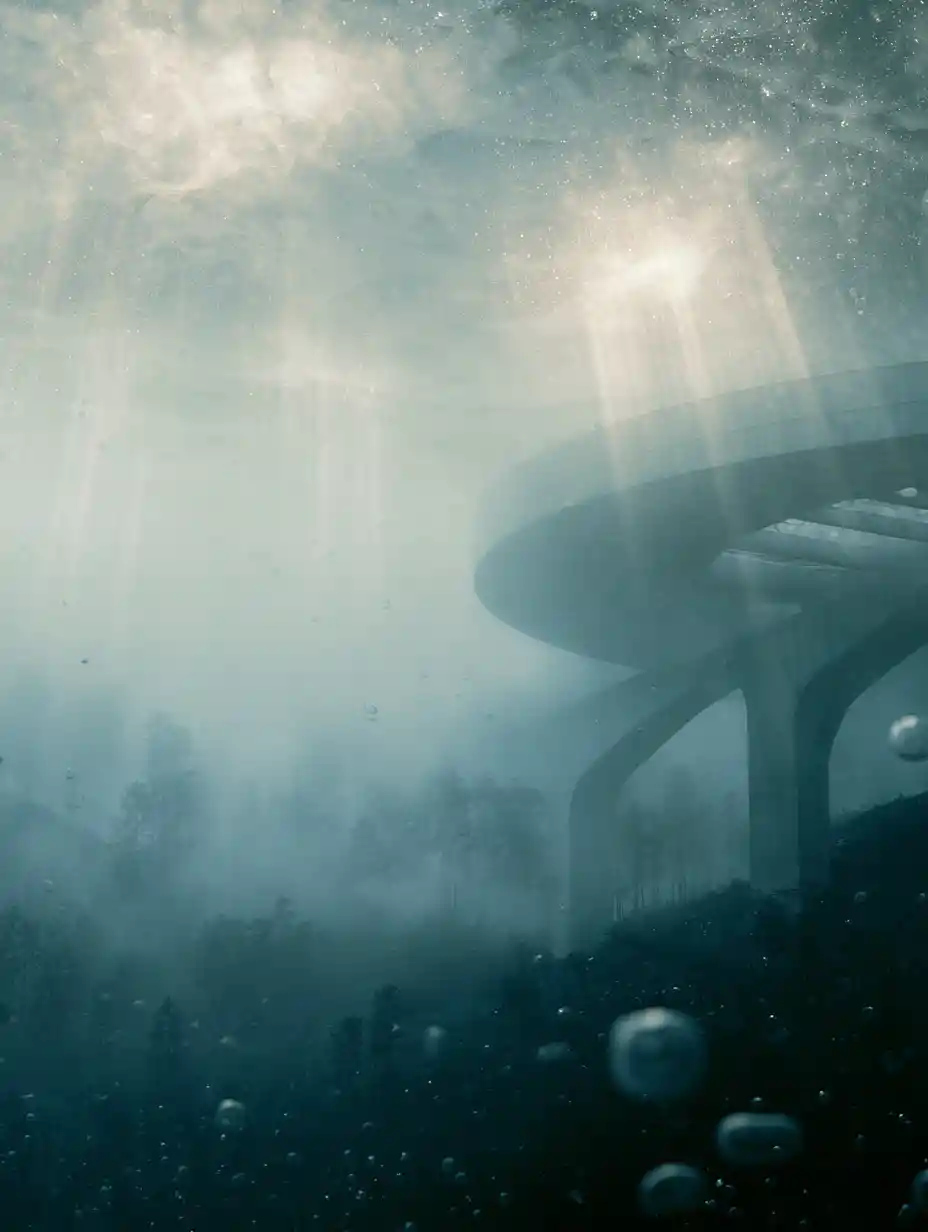 Arquitectura de hormigón entre la niebla en un bosque de montaña