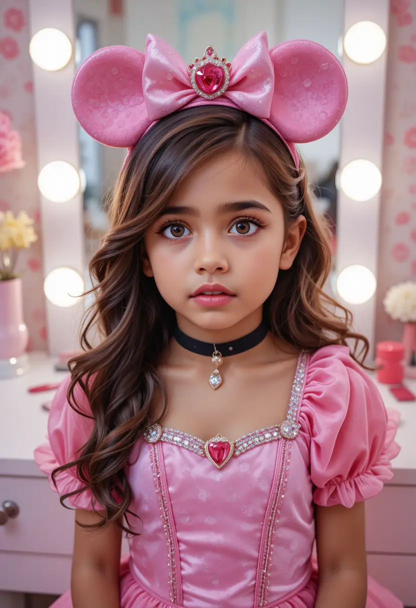 Preadolescente nervioso con disfraz de princesa frente al tocador rosa del dormitorio