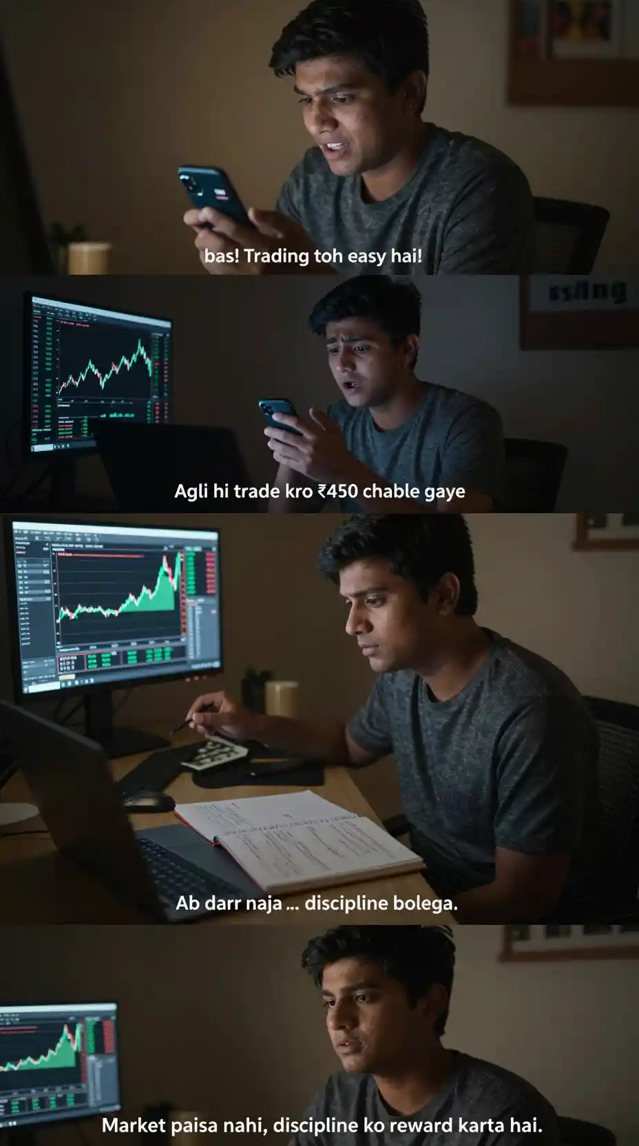 Joven de noche revisando su teléfono en el dormitorio