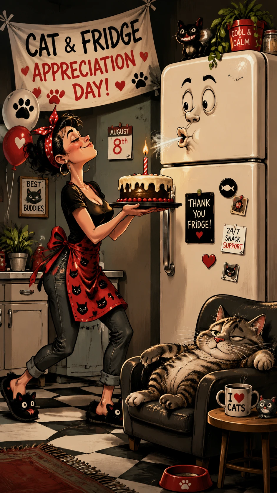 Mujer llevando un pastel a la nevera con un gato somnoliento