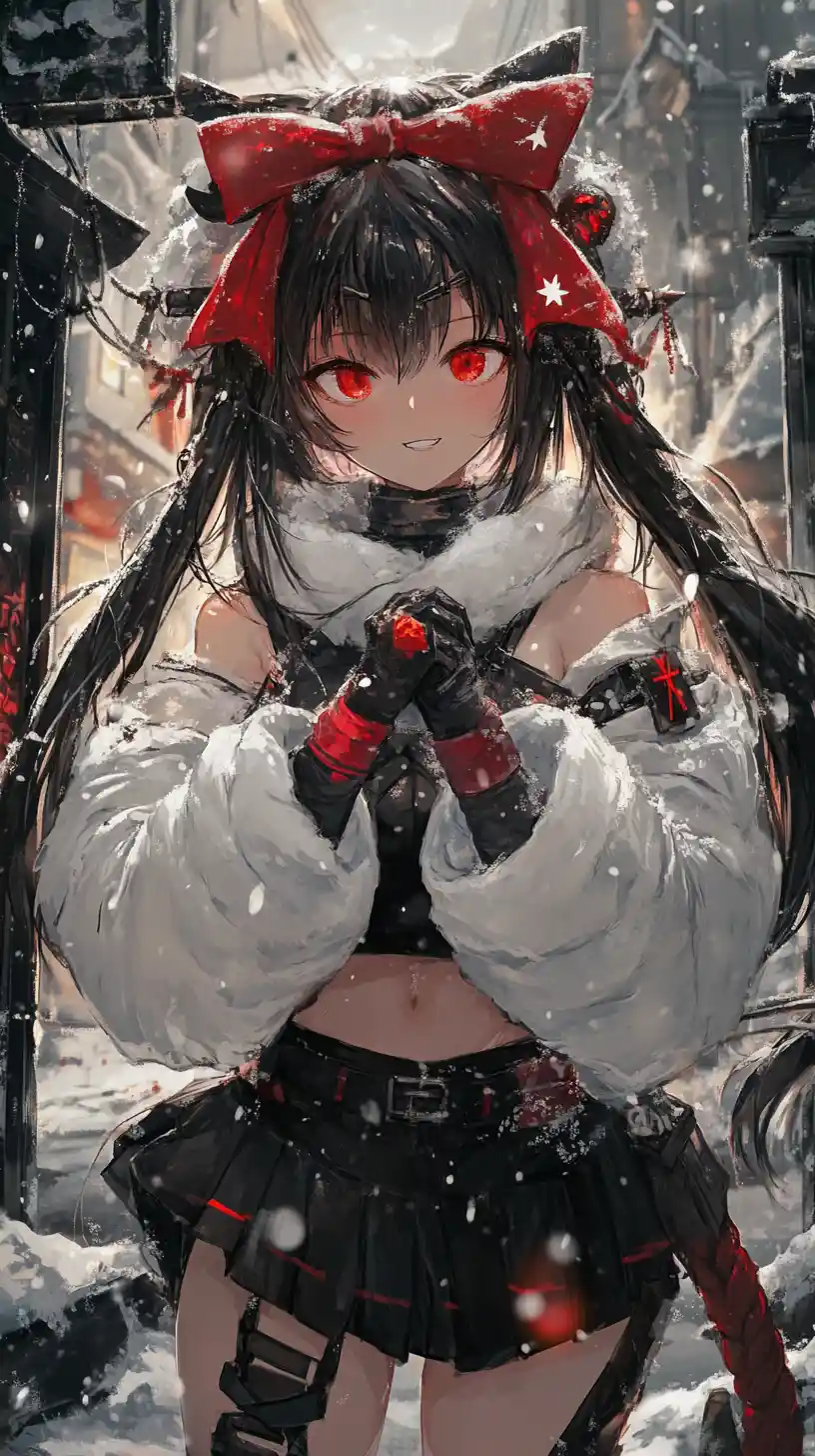 Chica anime con lazo rojo y cadenas en atuendo oscuro