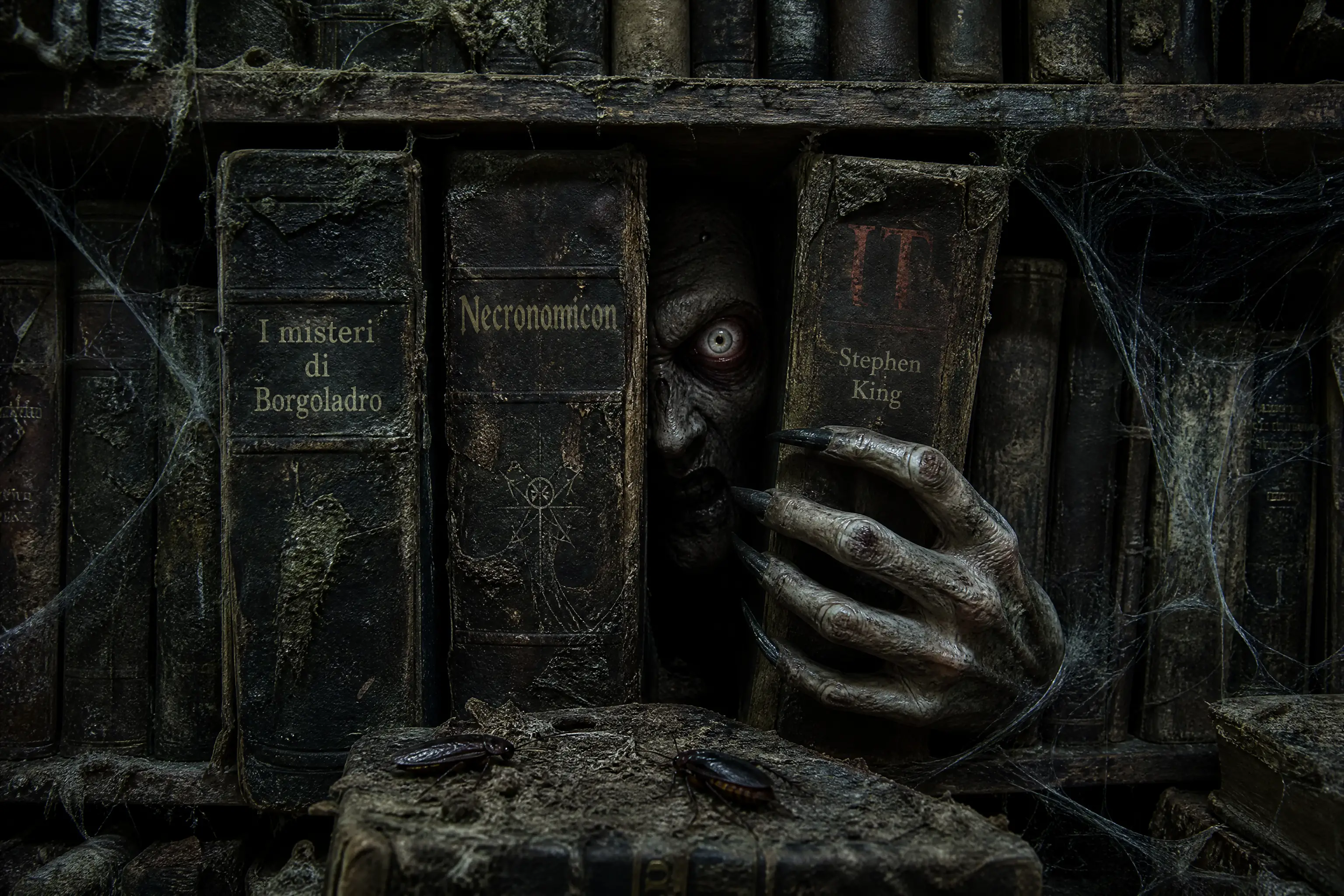 Aterrador rostro cadavérico oculto entre libros antiguos mohosos